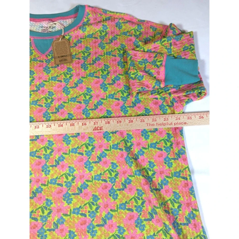 New Natural Life Thermal Top Women XS Lg Sleeve Waffle Floral Crewneck Comfy